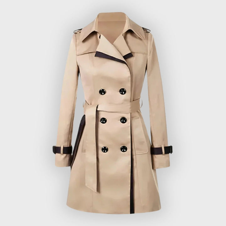 Beige double-breasted trench coat with contrast piping