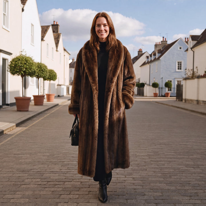 Woman in a brown faux fur maxi coat on a London mews street