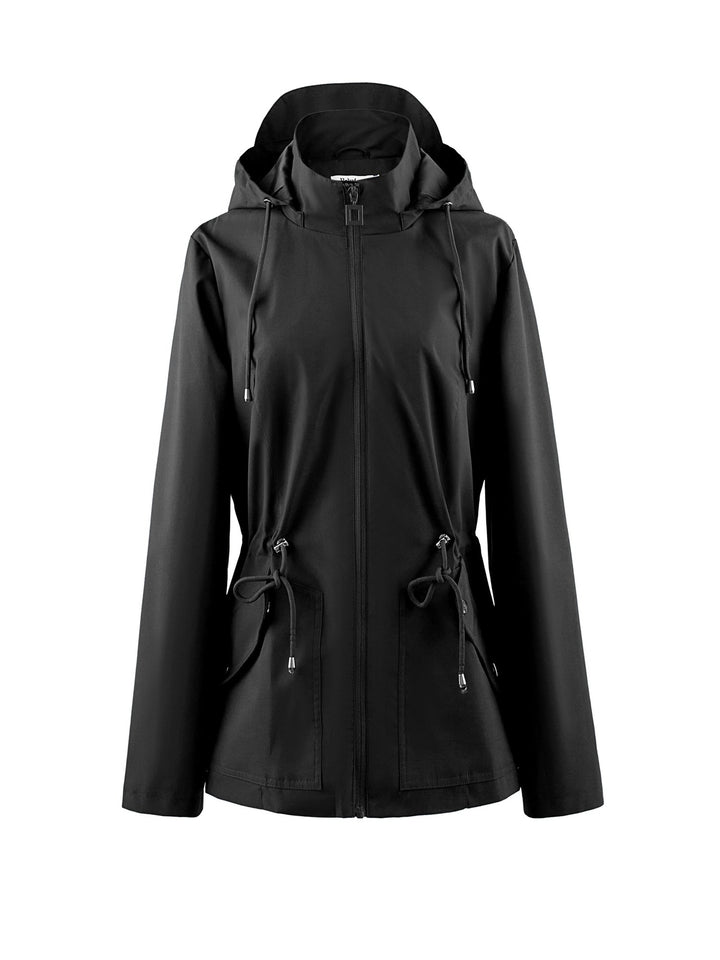 Black fitted waterproof jacket with hood and drawstring waist