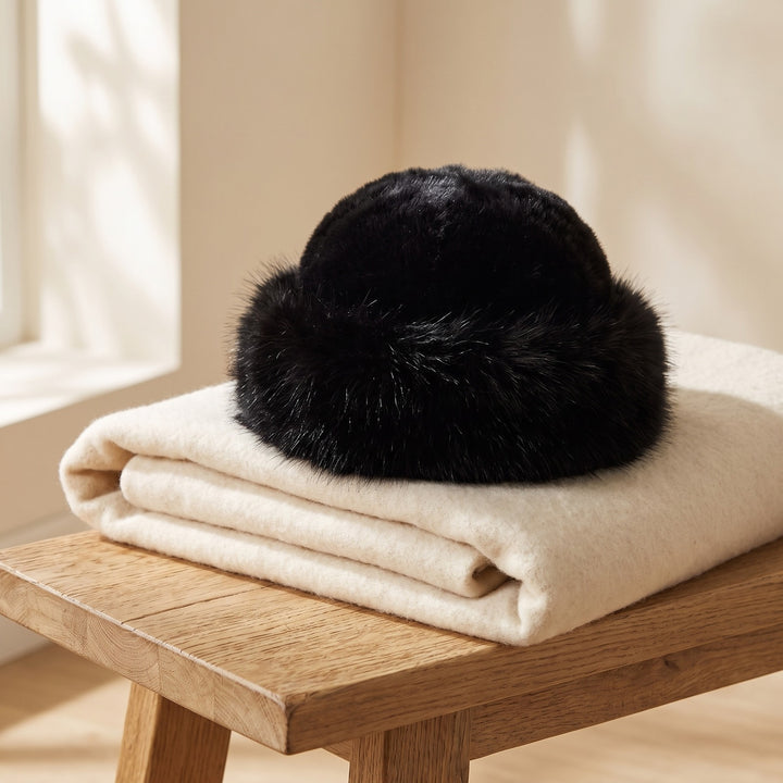 Black fluffy faux fur winter hat