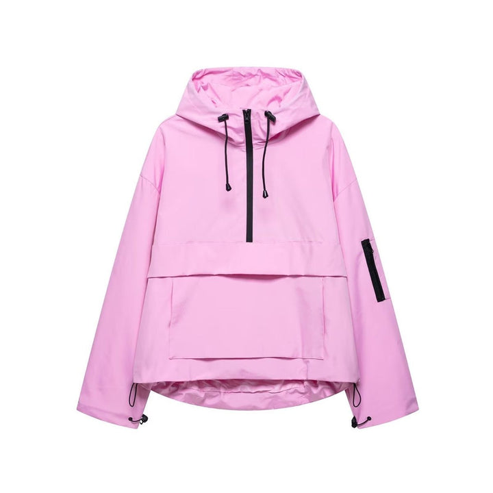 Pink hooded half-zip anorak with kangaroo pocket