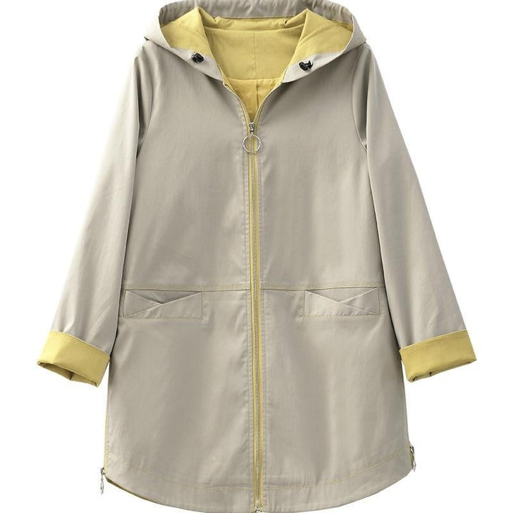 Khaki hooded parka jacket with yellow contrast lining