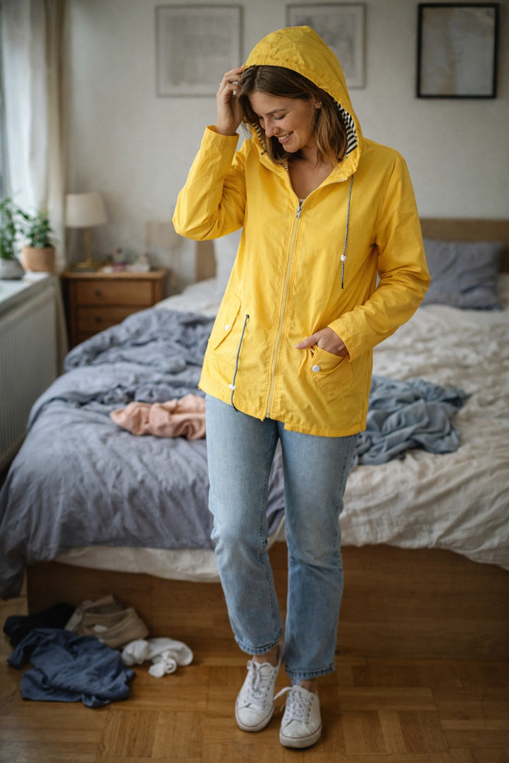 Yellow hooded rain jacket with drawstring waist and flap pockets