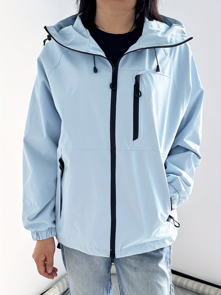 Light blue hooded rain jacket with black zip and chest pocket