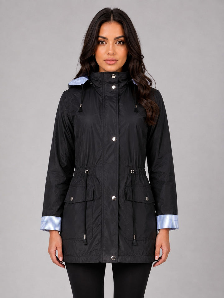 Black hooded raincoat with drawstring waist and striped turn-up cuffs