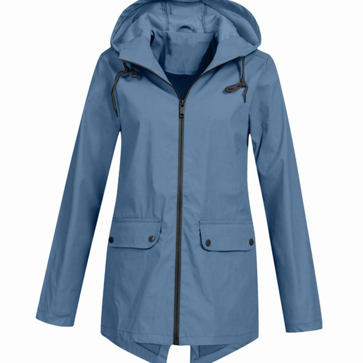 Blue hooded zip-up rain jacket with flap pockets