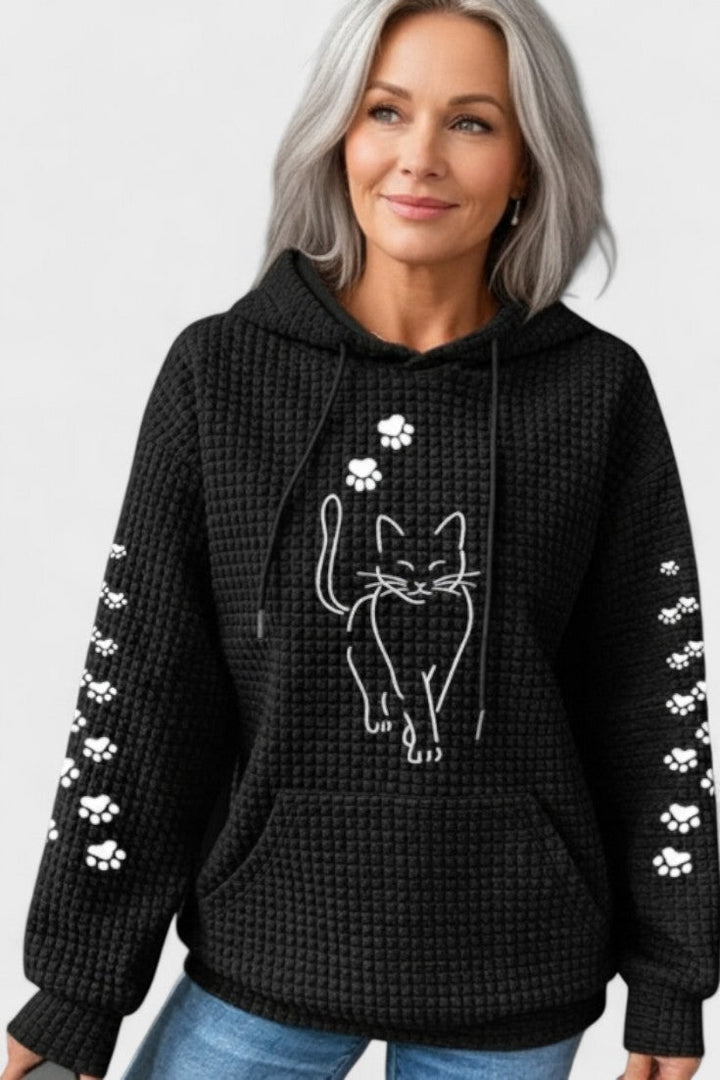 Black waffle-texture hoodie for women with a white cat and paw print