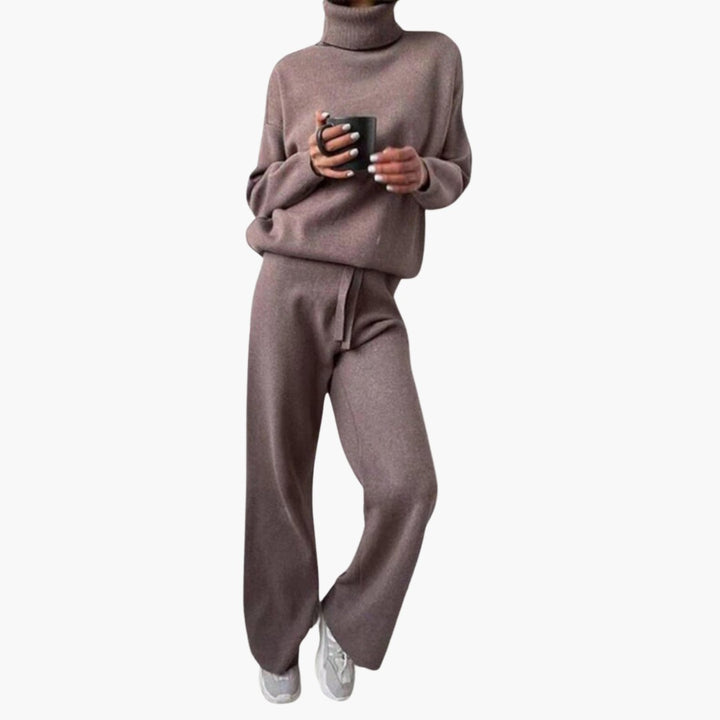 Taupe knitted lounge set with a roll-neck jumper and drawstring wide-leg trousers