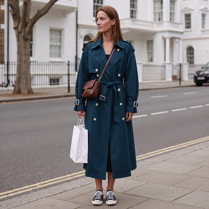 Navy long belted trench coat worn outdoors
