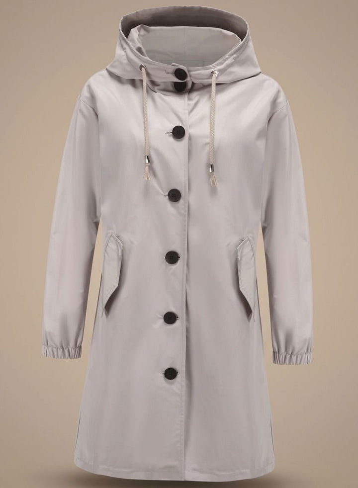 Grey long hooded trench coat with button front