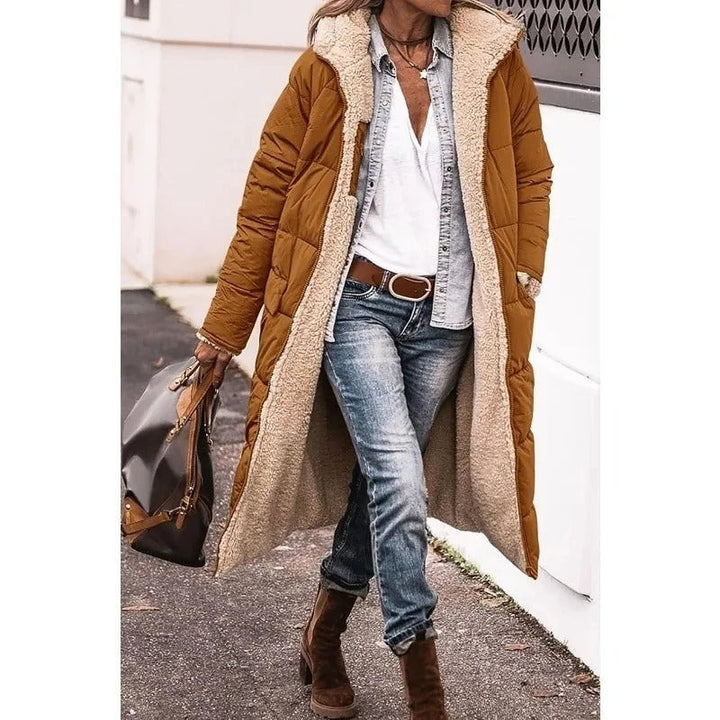 Camel long puffer coat with sherpa lining, worn open