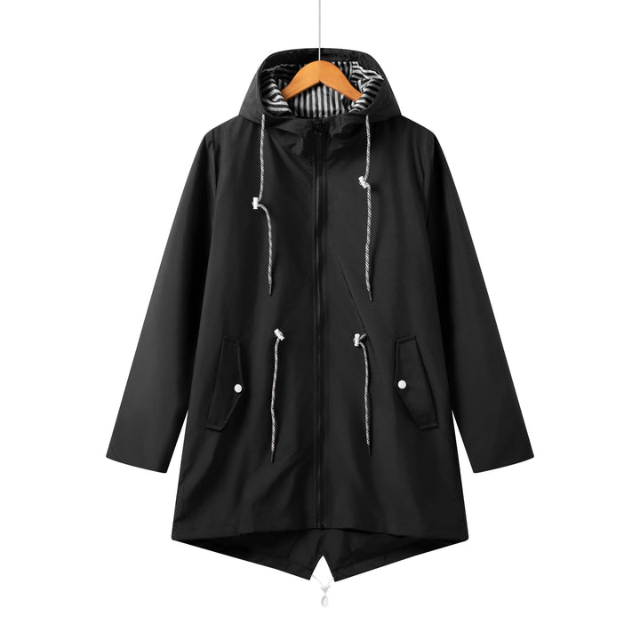 Black long hooded raincoat with full zip