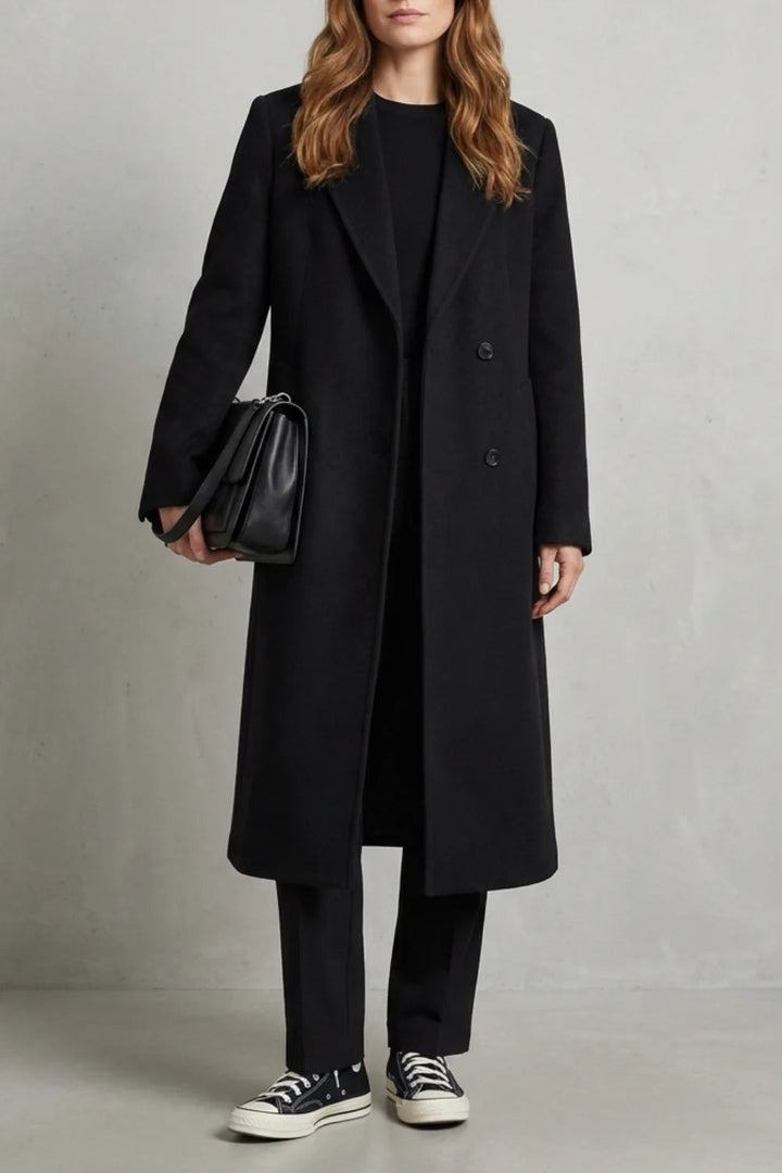 Black long wool coat for women with notch lapels, front view
