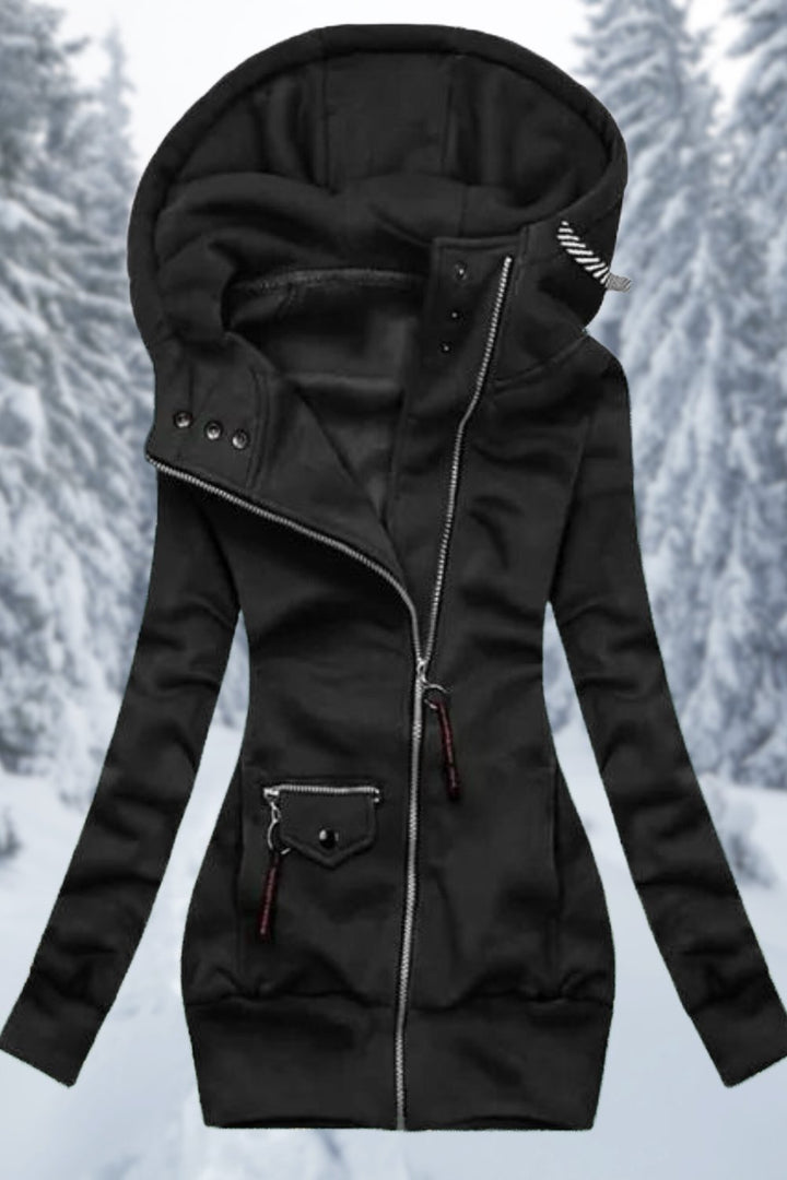 Black longline hoodie with an asymmetric zip, front view