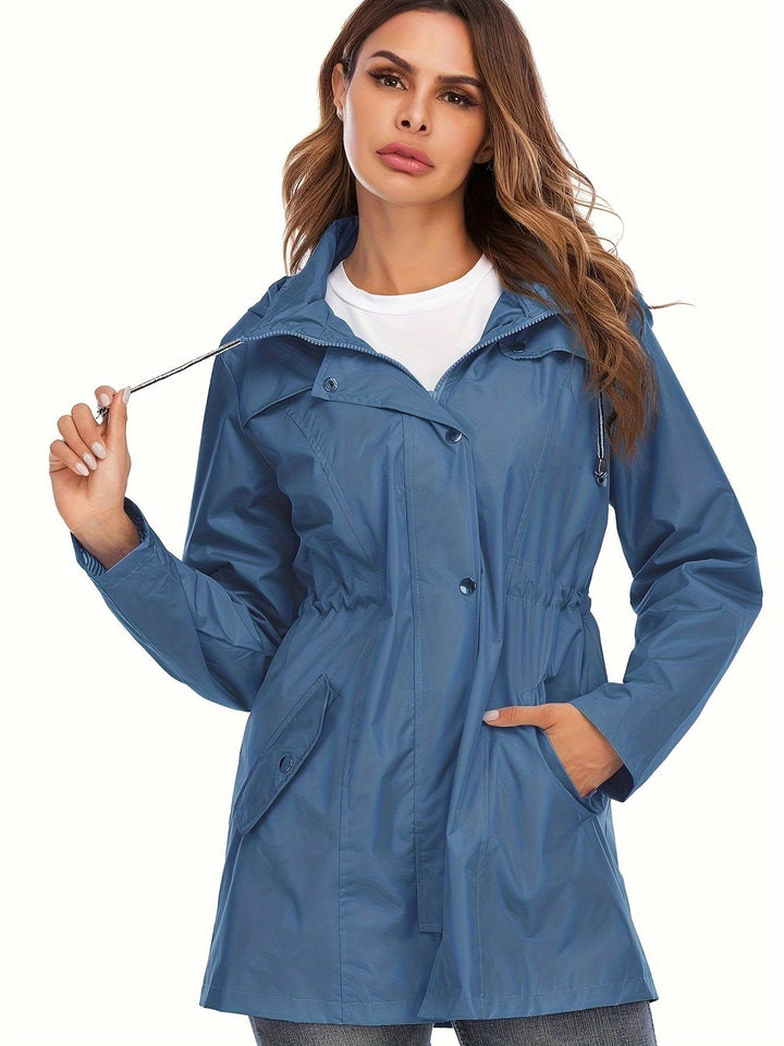 Denim Blue mid-length raincoat with hood and drawstring waist
