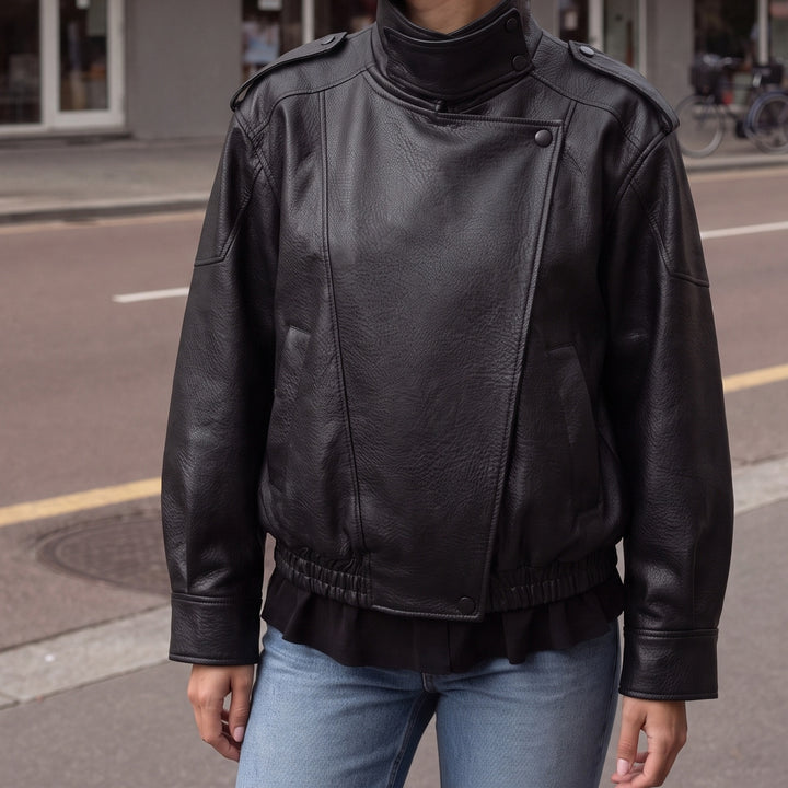 Black oversized faux leather biker jacket with funnel collar