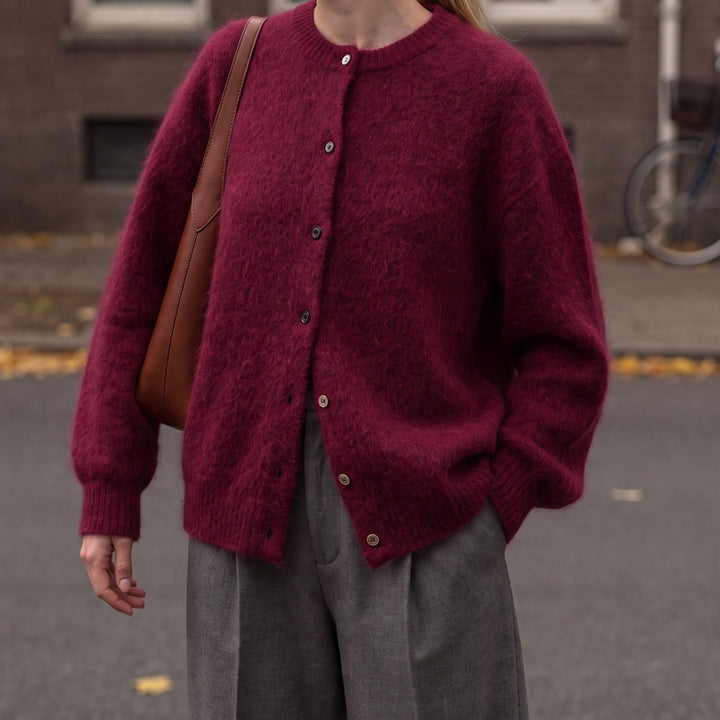 Burgundy fuzzy oversized cardigan with button front
