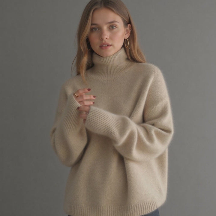 Woman in a beige oversized roll neck jumper