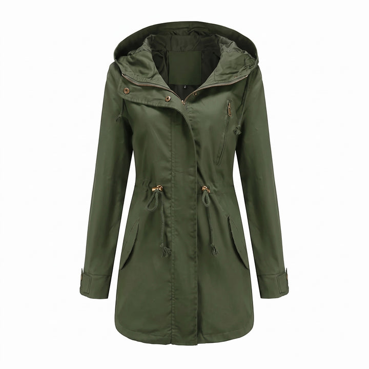 Olive hooded parka jacket with drawstring waist