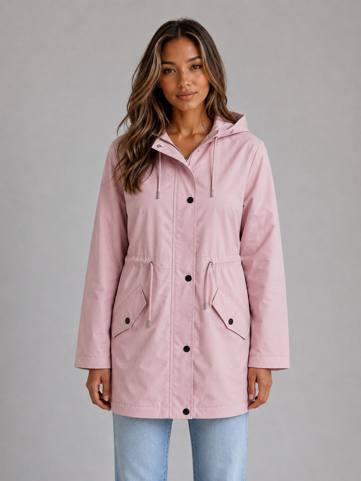 Pink hooded parka with drawstring waist