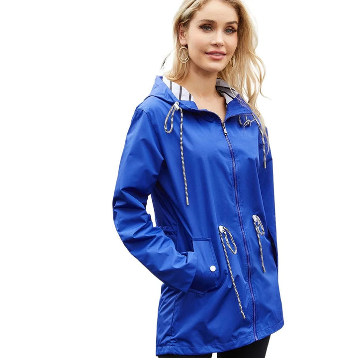 Blue hooded rain jacket with striped hood lining and drawstring waist