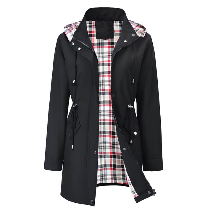 Black raincoat with a check lining and hood