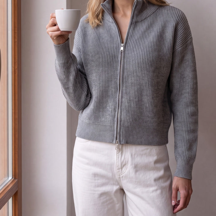 Grey ribbed knit cardigan with two-way zip