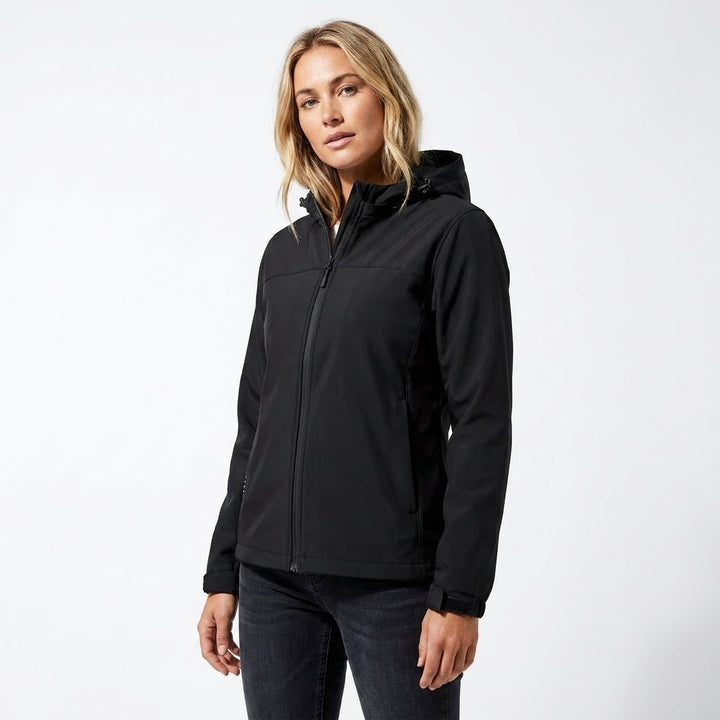 Black hooded softshell jacket, zipped