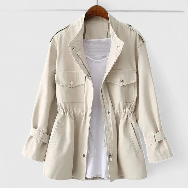 Cream utility jacket with stand collar, chest pockets and drawstring waist