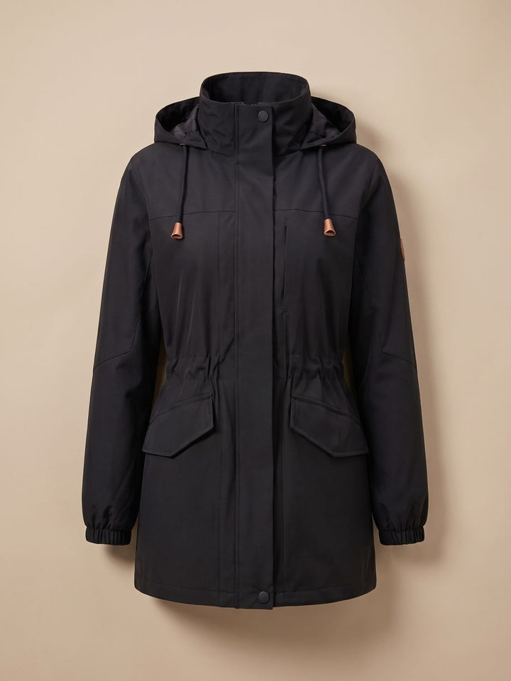 Black water-resistant hooded parka with drawstring waist and flap pockets