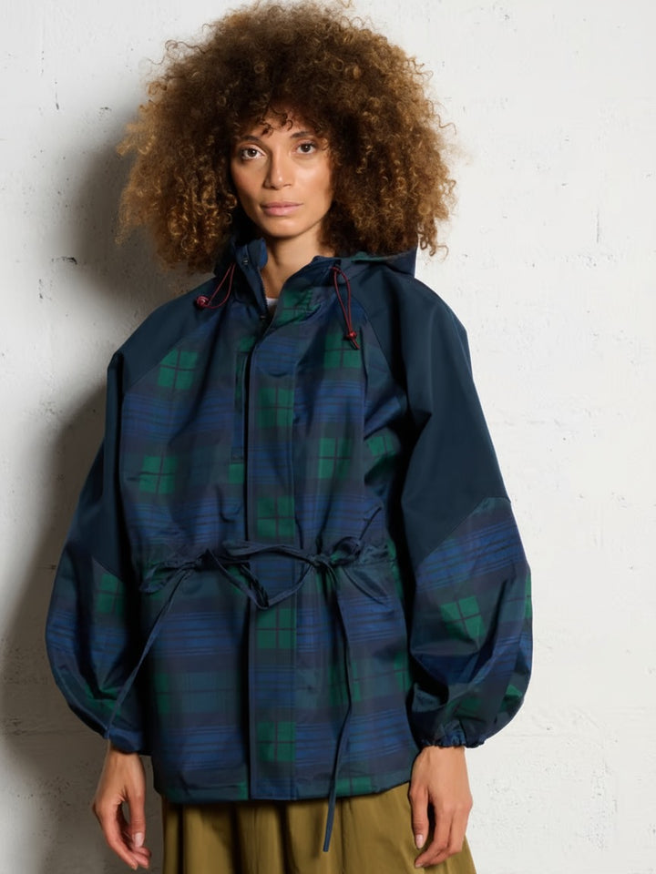 Blue Green Check hooded rain jacket with waist drawcord