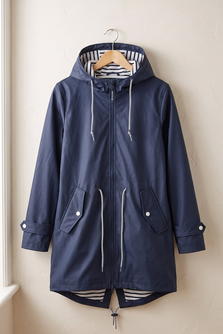 Navy hooded rain jacket on a hanger, front view