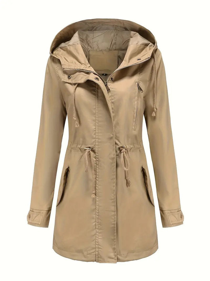 Khaki waterproof parka with hood, drawstring waist and chest zip pocket