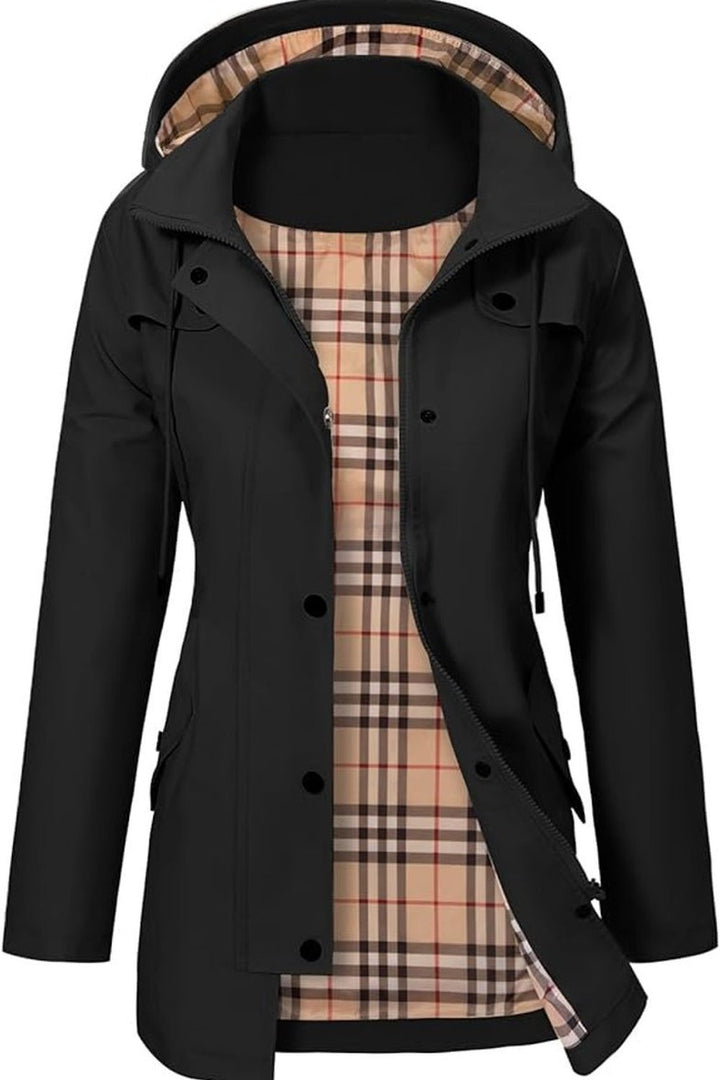 Black rain jacket open, showing the checked fleece lining