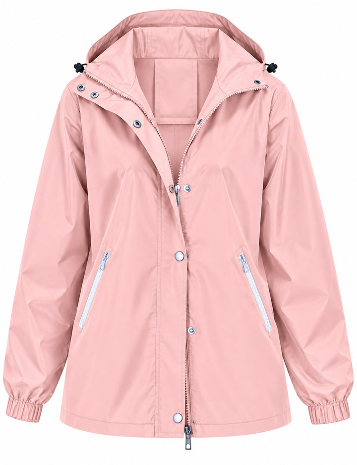 Pink hooded rain jacket with zip and snap buttons