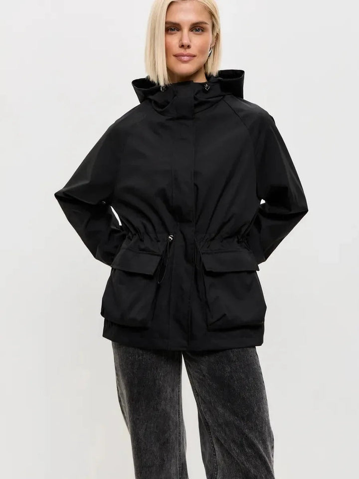 Black waterproof hooded windbreaker with drawstring waist and large pockets