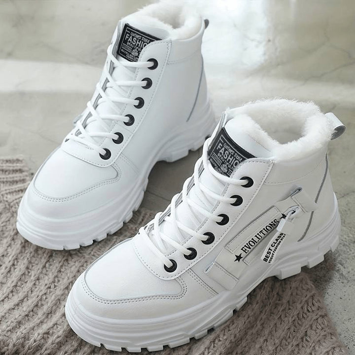 White lace-up ankle boots with fur lining, chunky sole, pair shown | Grace Aura